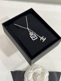 Chanel blue heart silver full diamond double C perfume bottle necklace-3750